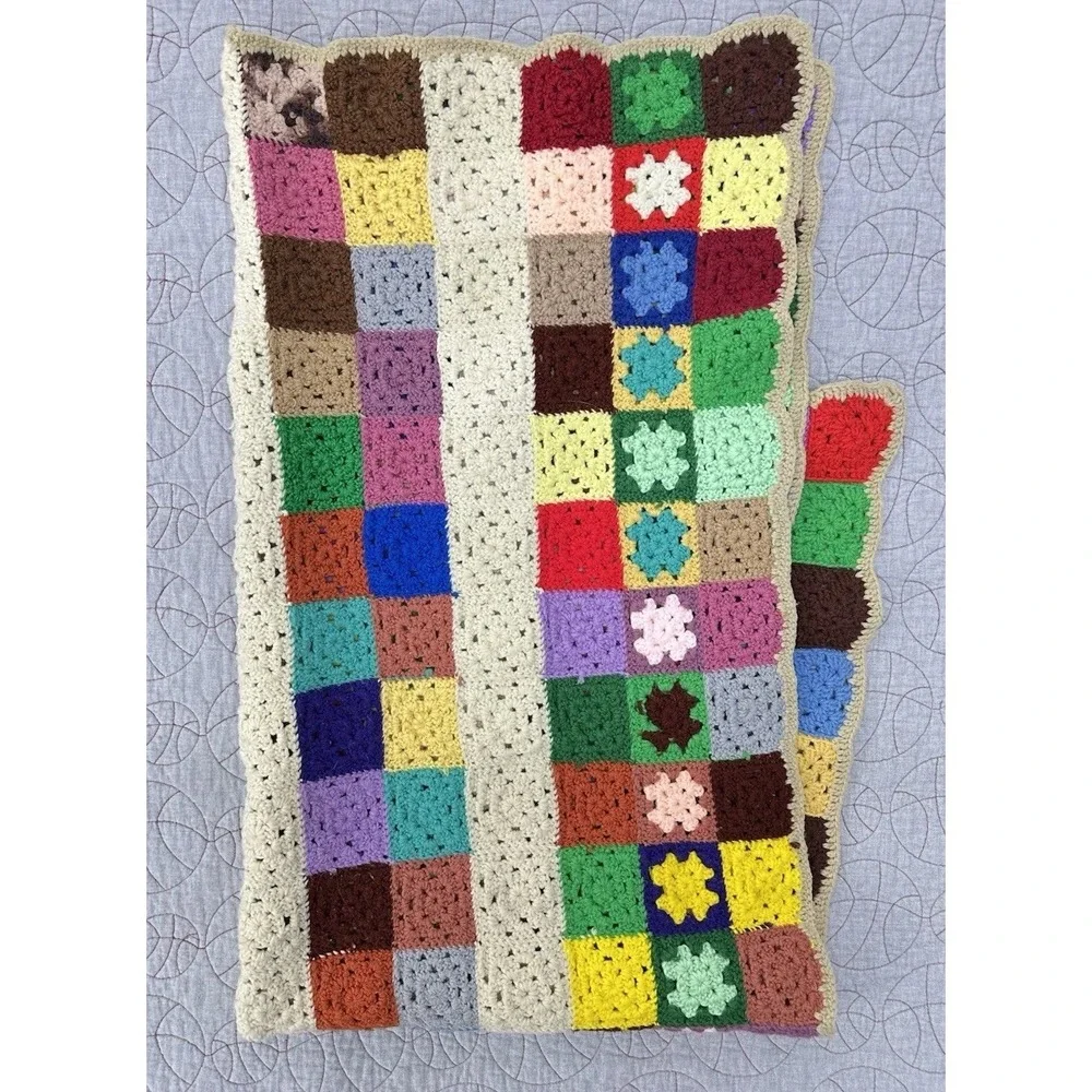 Vintage Handmade Crochet Granny Square Afghan Blanket Multicolor Rainbow Throw‎